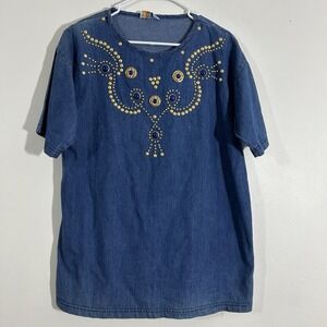 Vintage 1980 Visage Blue Denim Studded Tunic Top Size Medium Women's Casual Soli